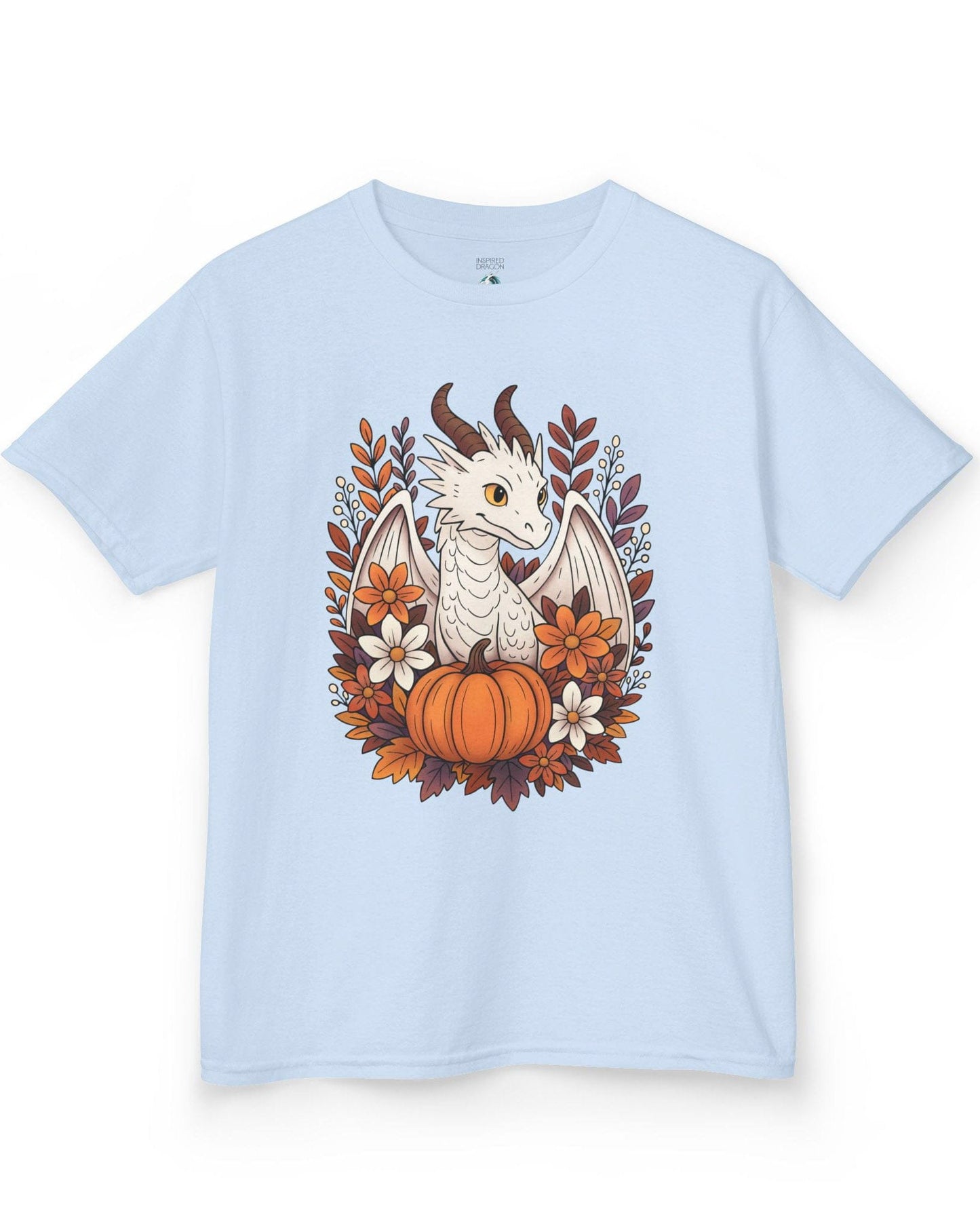 Cozy Harvest shirt in light blue featuring a white dragon surrounded by autumn flowers, leaves, and a pumpkin.