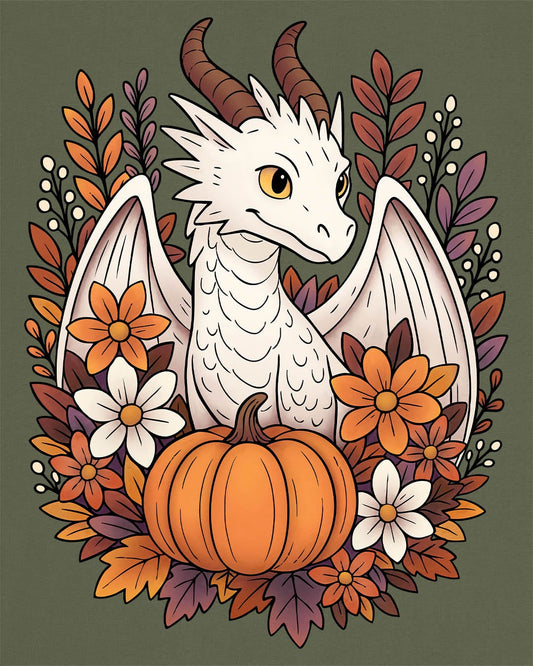 Cozy Harvest shirt in military green featuring a white dragon surrounded by autumn flowers, leaves, and a pumpkin.