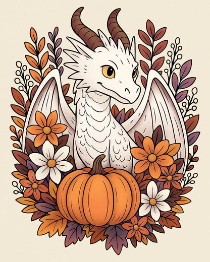 Cozy Harvest shirt in natural featuring a white dragon surrounded by autumn flowers, leaves, and a pumpkin.