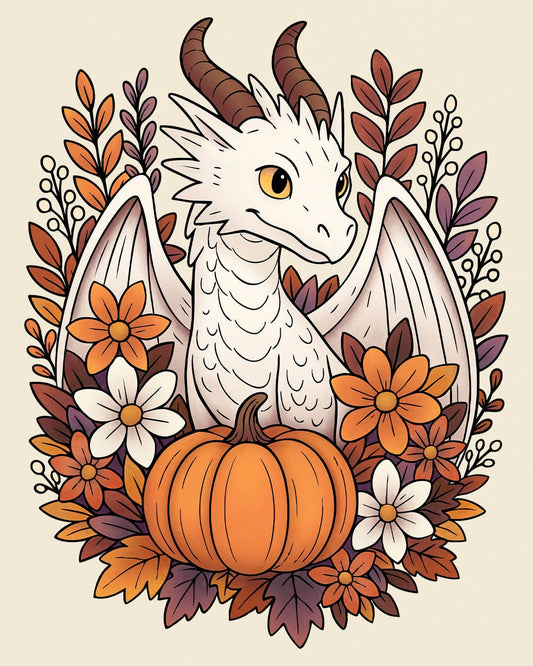 Cozy Harvest shirt in natural featuring a white dragon surrounded by autumn flowers, leaves, and a pumpkin.