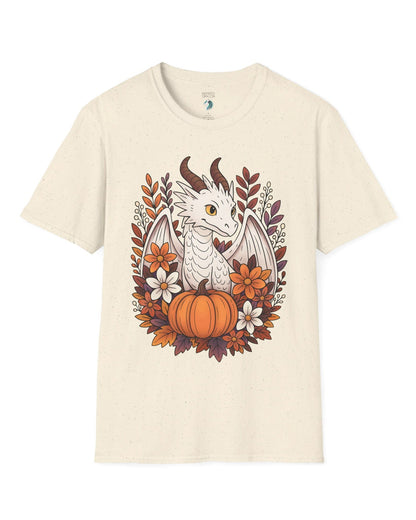 Cozy Harvest shirt in natural featuring a white dragon surrounded by autumn flowers, leaves, and a pumpkin.