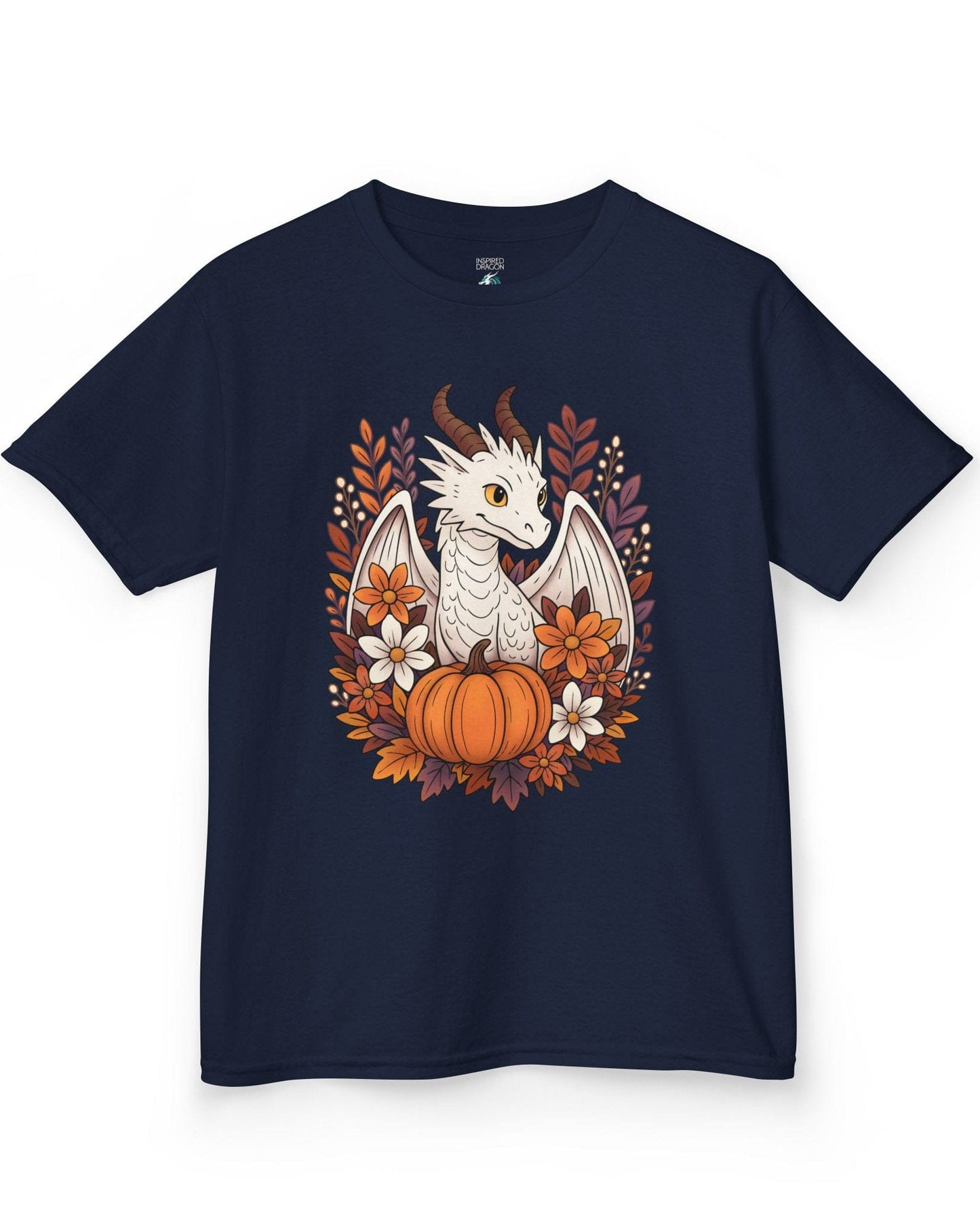 Cozy Harvest shirt in navy featuring a white dragon surrounded by autumn flowers, leaves, and a pumpkin.