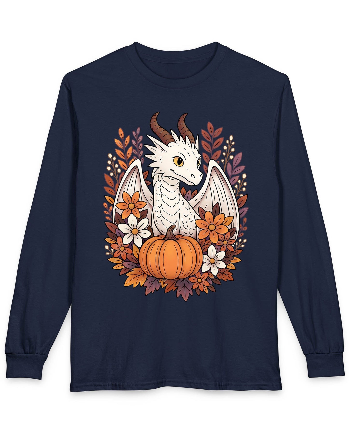 Cozy Harvest shirt in navy featuring a white dragon surrounded by autumn flowers, leaves, and a pumpkin.