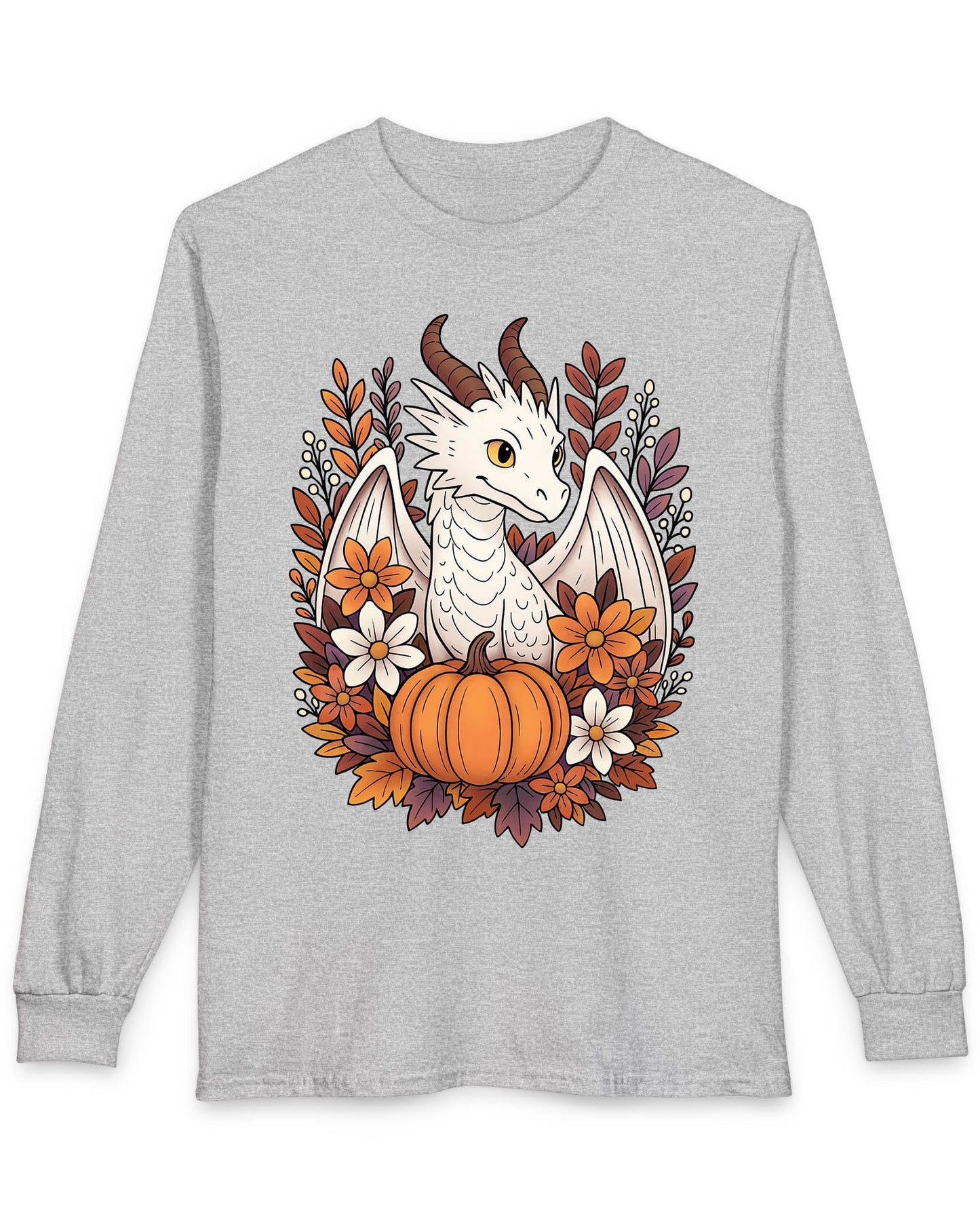 Cozy Harvest shirt in sport grey featuring a white dragon surrounded by autumn flowers, leaves, and a pumpkin.