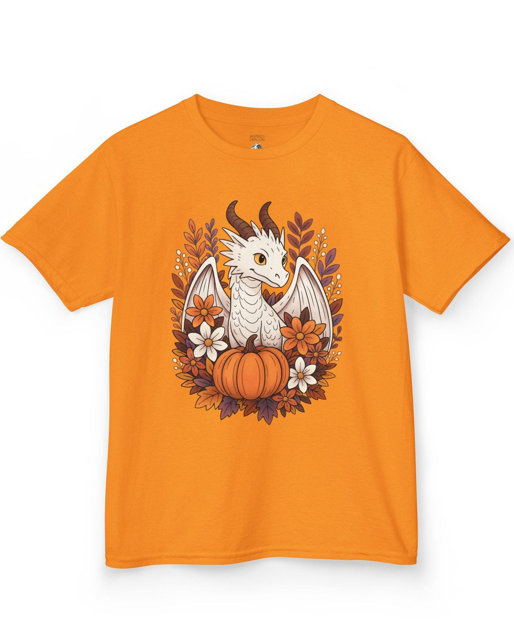Cozy Harvest shirt in orange featuring a white dragon surrounded by autumn flowers, leaves, and a pumpkin.