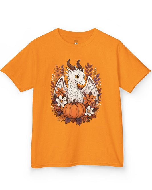 Cozy Harvest shirt in orange featuring a white dragon surrounded by autumn flowers, leaves, and a pumpkin.