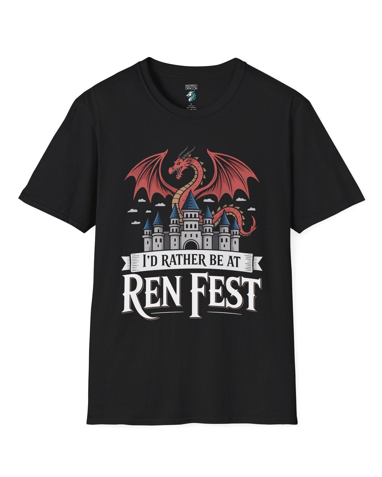 I'd Rather Be at Ren Fest shirt in black featuring a red dragon perched on a medieval castle with festive flair.