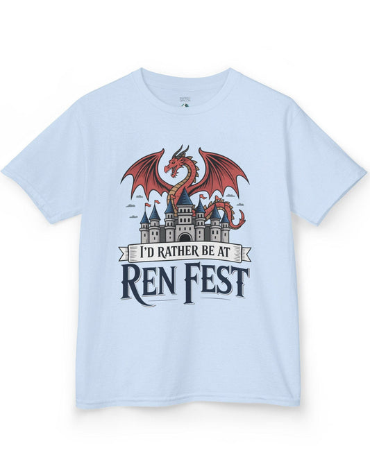 I'd Rather Be at Ren Fest shirt in light blue featuring a red dragon perched on a medieval castle with festive flair.