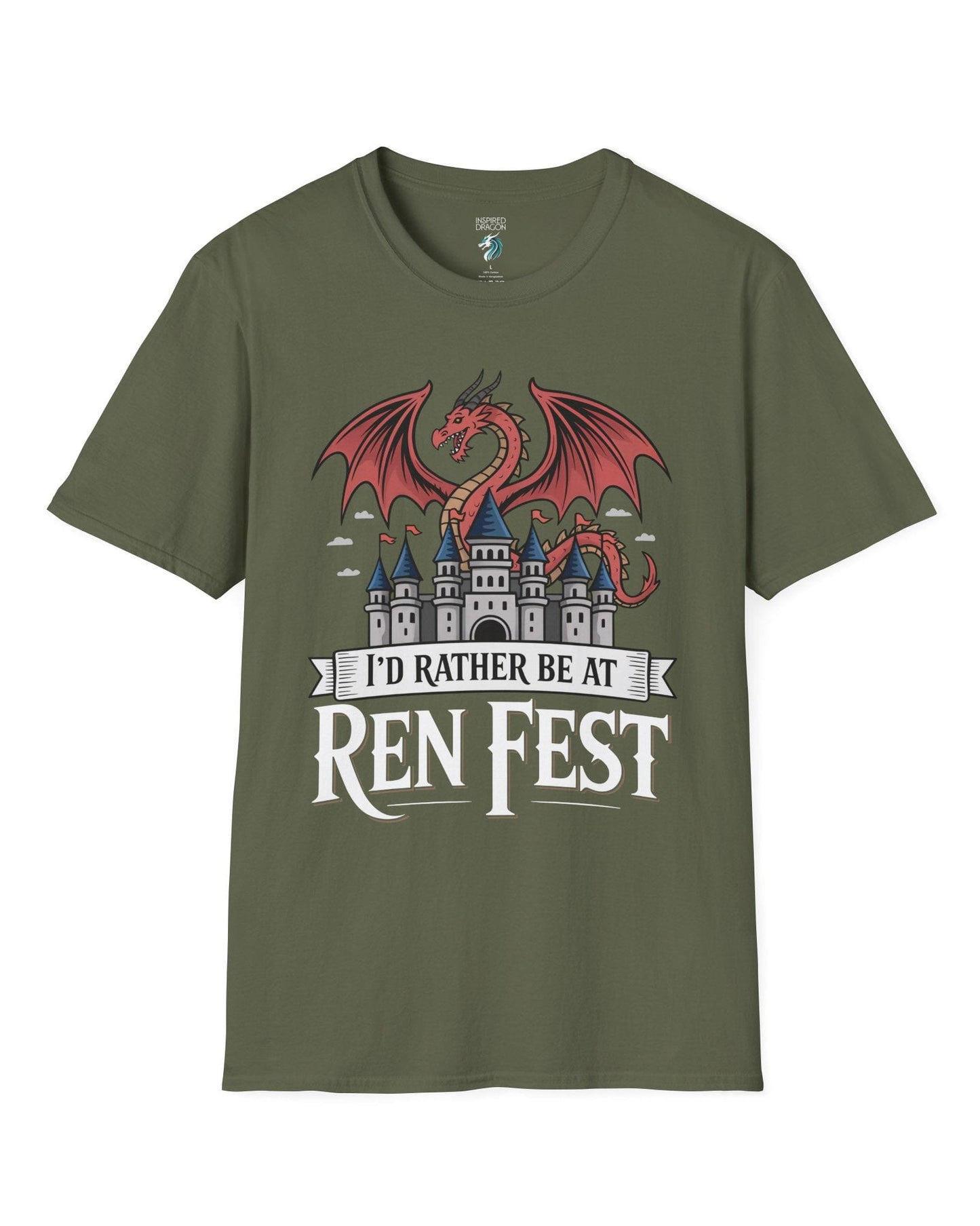 I'd Rather Be at Ren Fest shirt in military green featuring a red dragon perched on a medieval castle with festive flair.