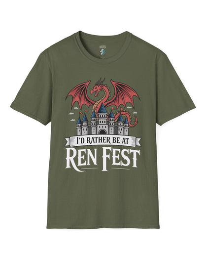 I'd Rather Be at Ren Fest shirt in military green featuring a red dragon perched on a medieval castle with festive flair.