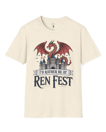 I'd Rather Be at Ren Fest shirt in natural featuring a red dragon perched on a medieval castle with festive flair.