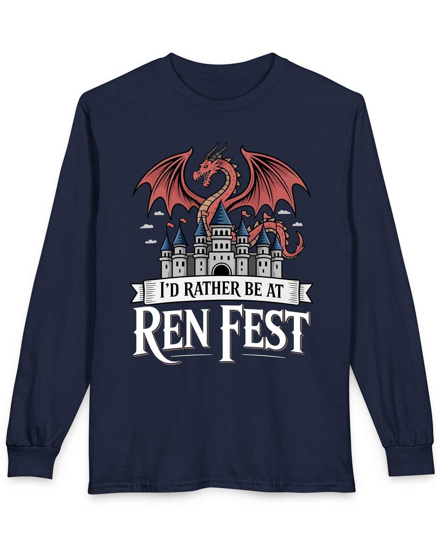 I'd Rather Be at Ren Fest shirt in navy featuring a red dragon perched on a medieval castle with festive flair