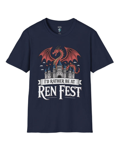 I'd Rather Be at Ren Fest shirt in navy featuring a red dragon perched on a medieval castle with festive flair.