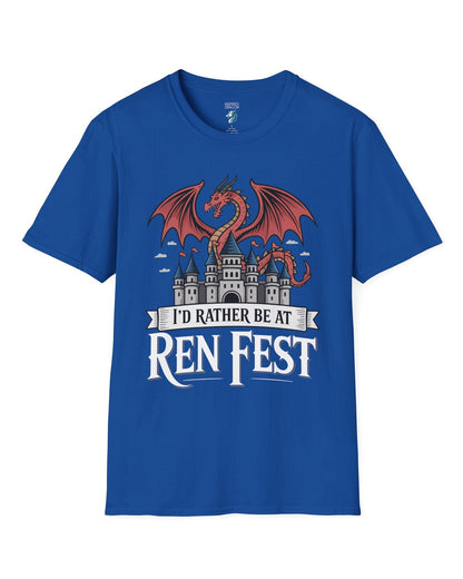 I'd Rather Be at Ren Fest shirt in royal blue featuring a red dragon perched on a medieval castle with festive flair.
