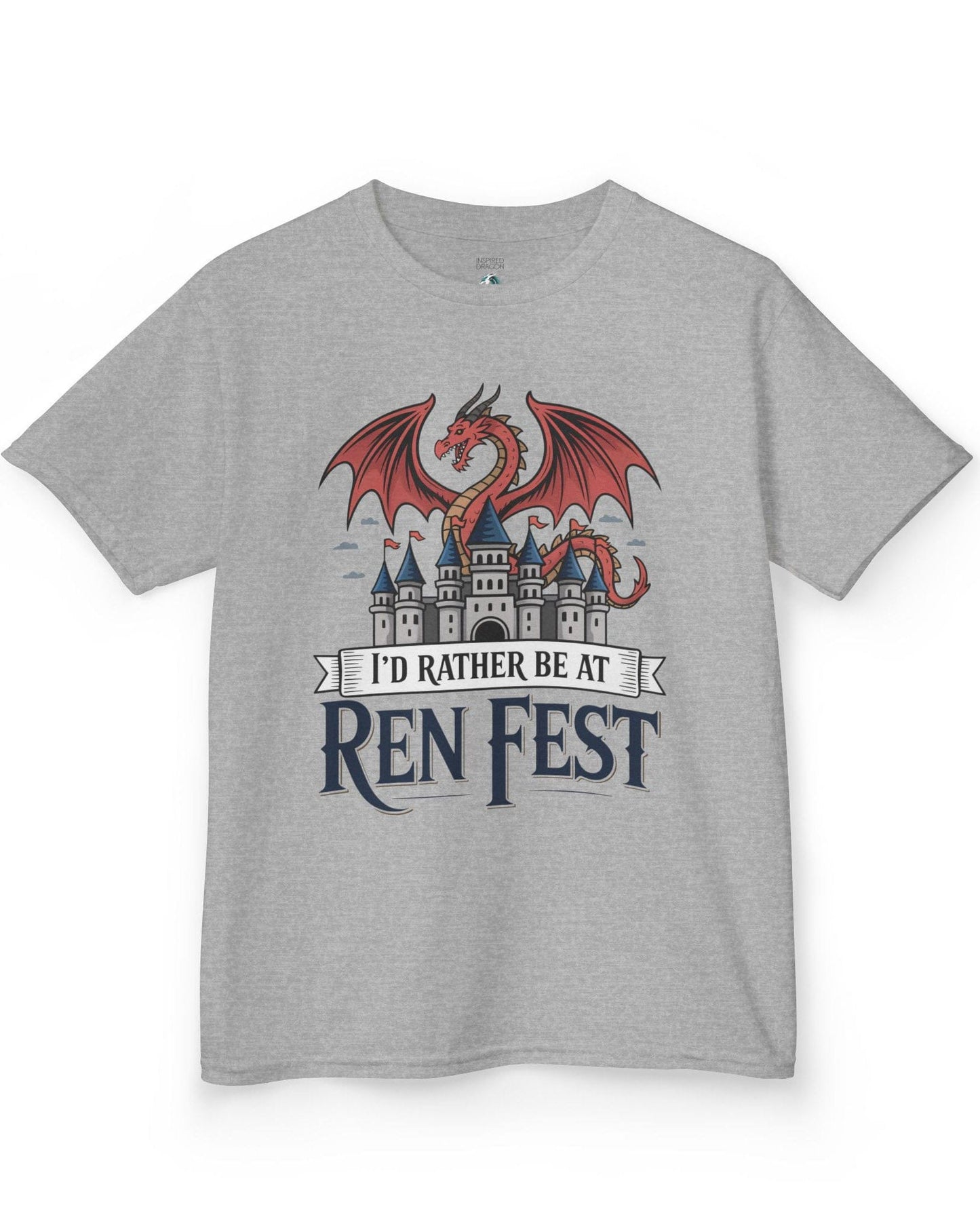I'd Rather Be at Ren Fest shirt in sport grey featuring a red dragon perched on a medieval castle with festive flair.