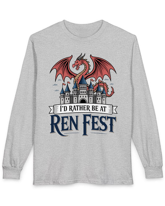I'd Rather Be at Ren Fest shirt in sport grey featuring a red dragon perched on a medieval castle with festive flair