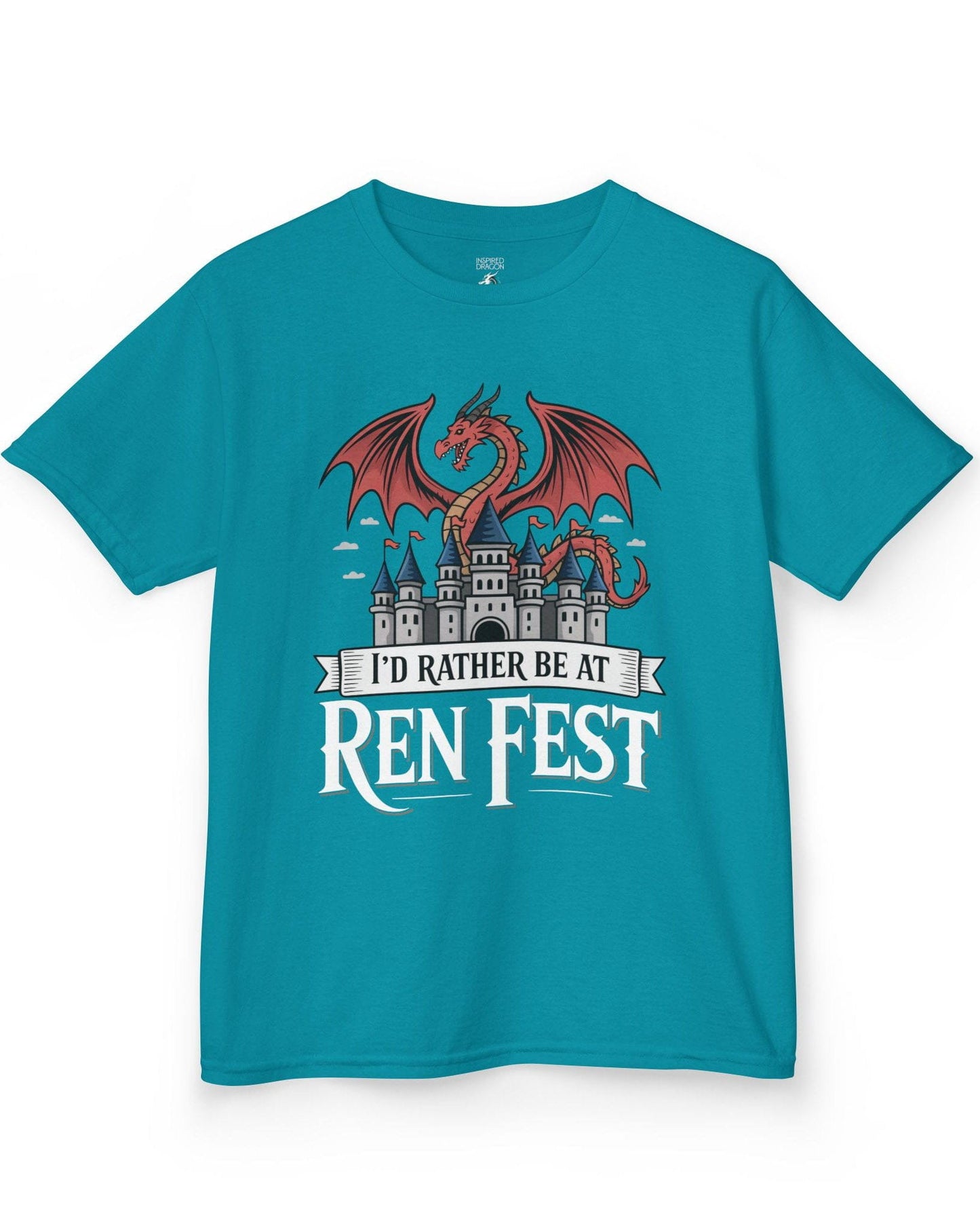 I'd Rather Be at Ren Fest shirt in tropical blue featuring a red dragon perched on a medieval castle with festive flair.