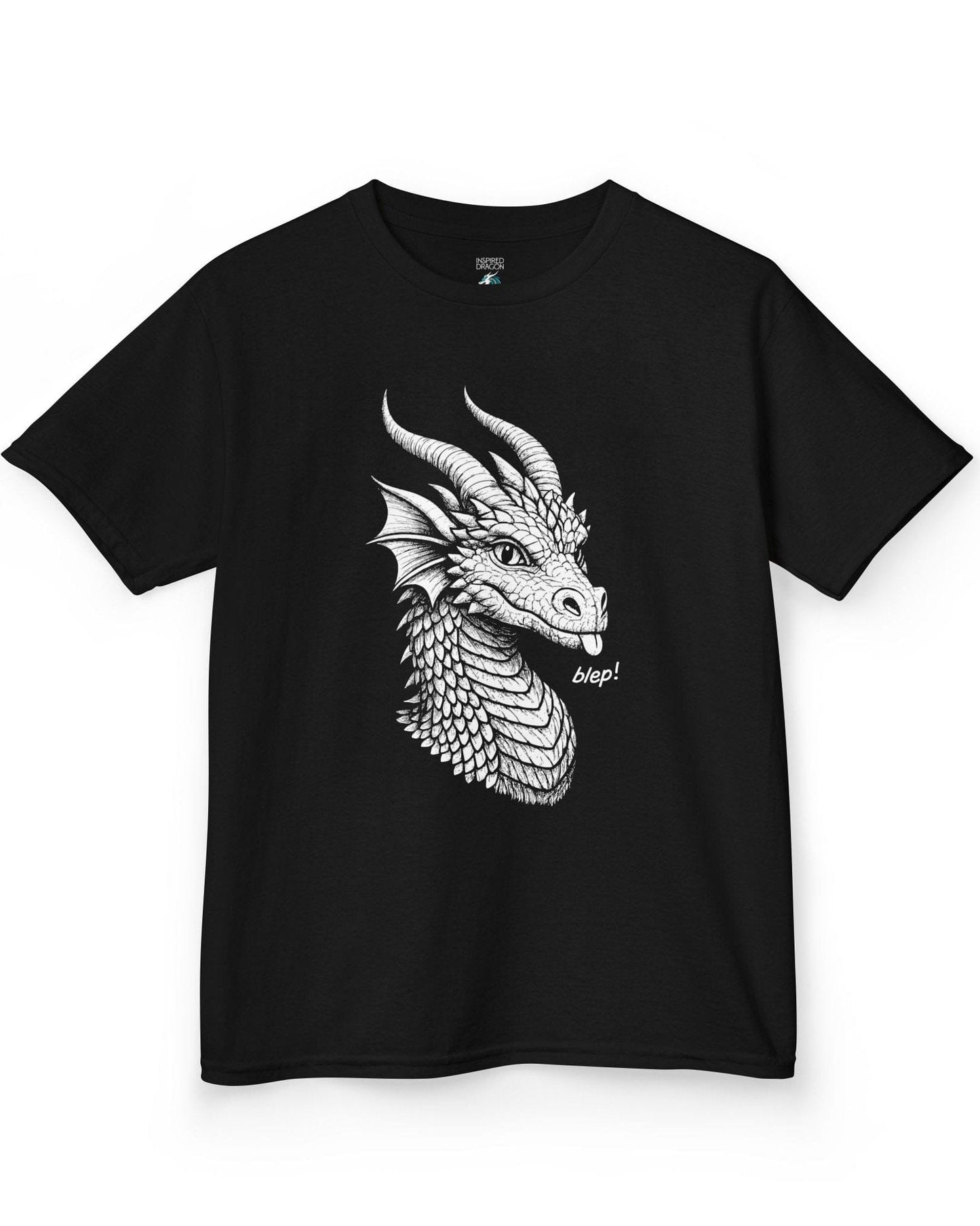 Blep! shirt in black featuring a detailed dragon sketch playfully sticking out its tongue.