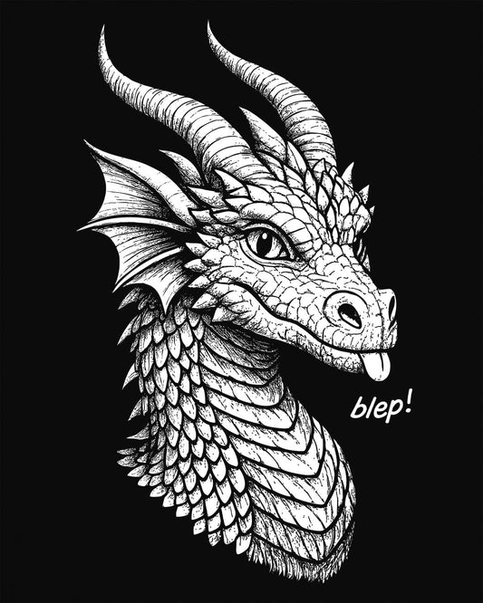 Blep! shirt in black featuring a detailed dragon sketch playfully sticking out its tongue.