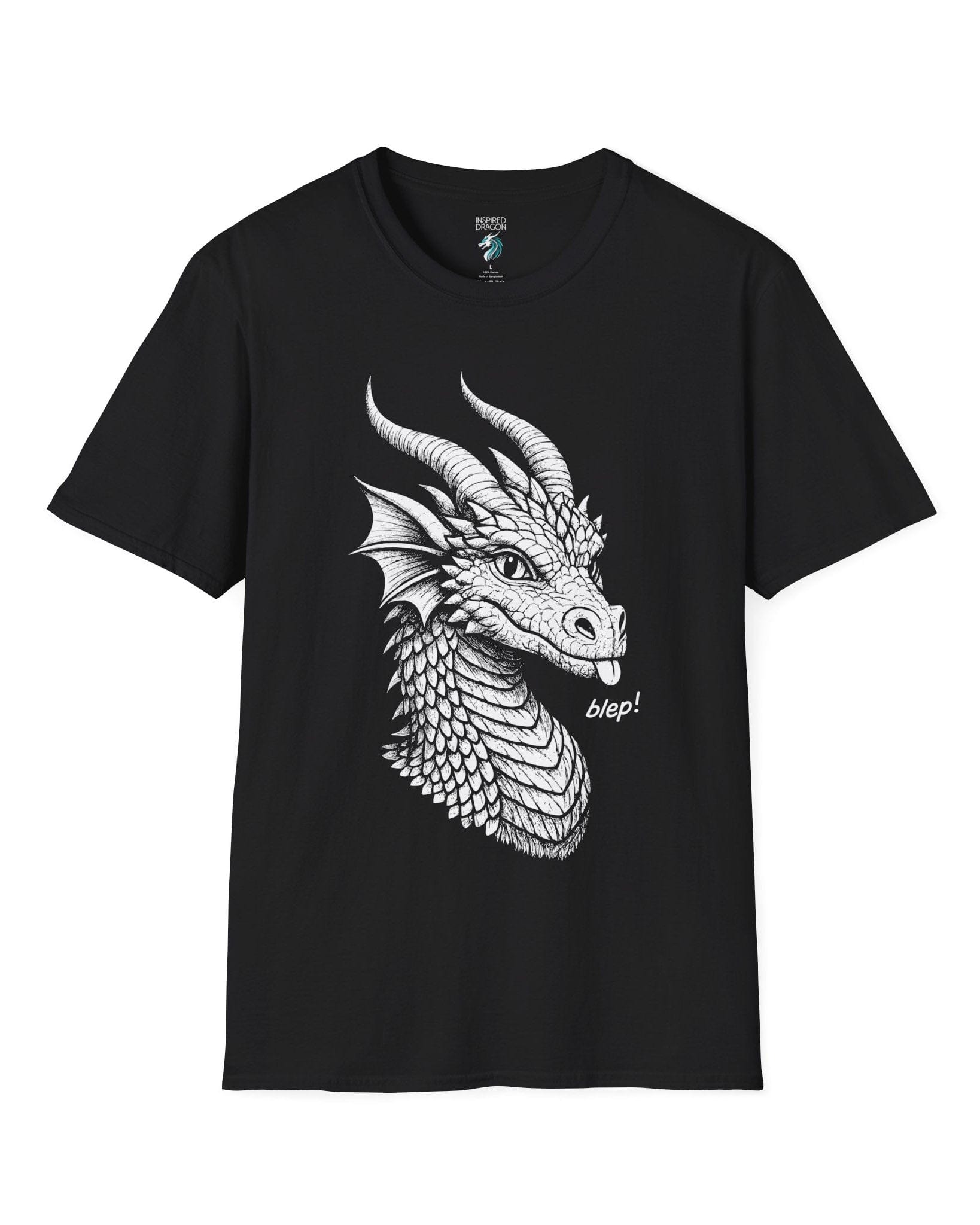 Blep! shirt in black featuring a detailed dragon sketch playfully sticking out its tongue.