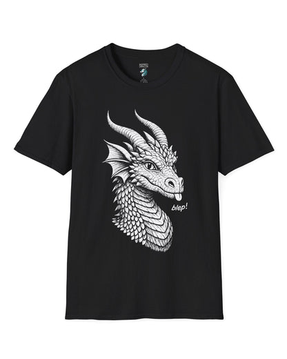 Blep! shirt in black featuring a detailed dragon sketch playfully sticking out its tongue.