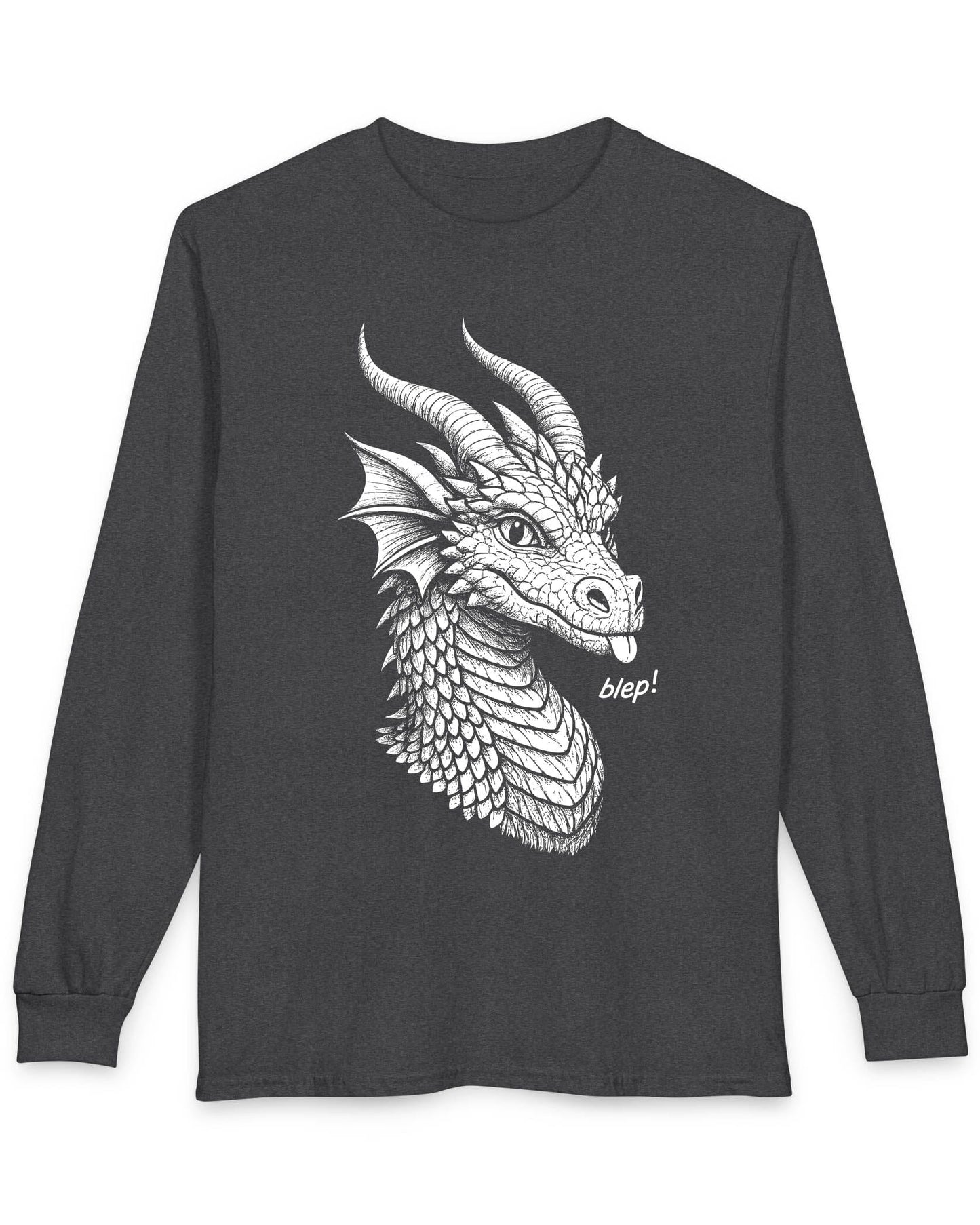 Blep! shirt in dark heather grey featuring a detailed dragon sketch playfully sticking out its tongue.