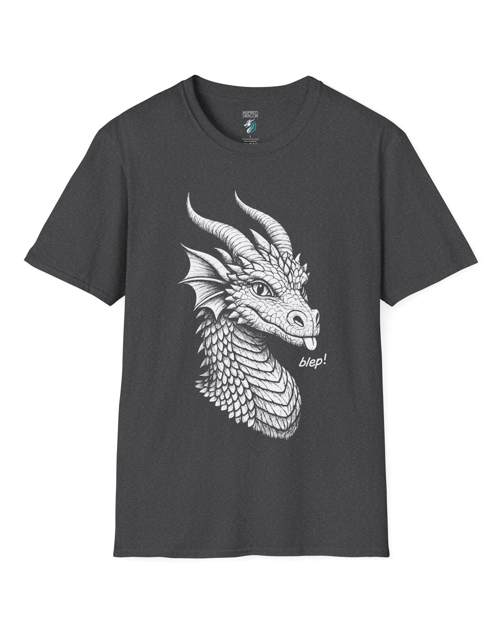 Blep! shirt in dark heather grey featuring a detailed dragon sketch playfully sticking out its tongue.