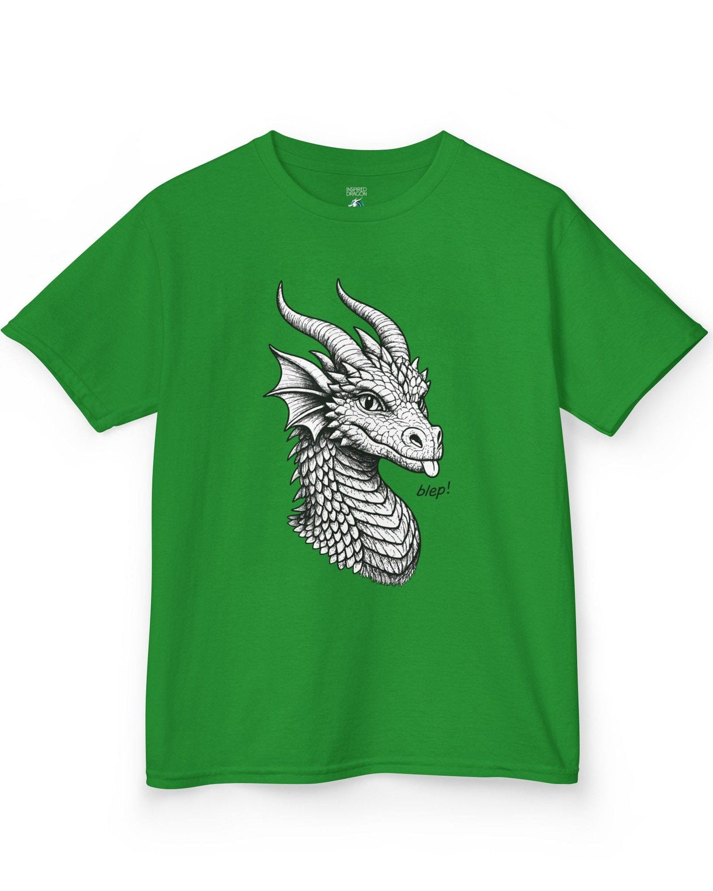 Blep! shirt in Irish green featuring a detailed dragon sketch playfully sticking out its tongue.