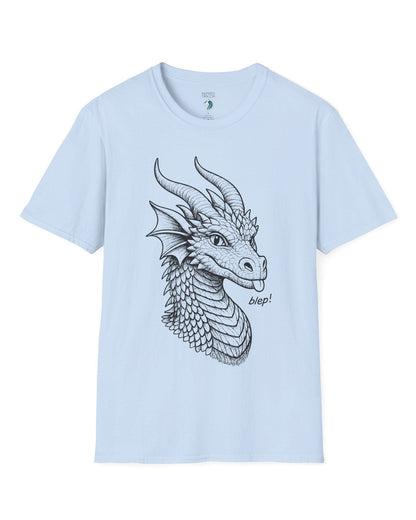 Blep! shirt in light blue featuring a detailed dragon sketch playfully sticking out its tongue.