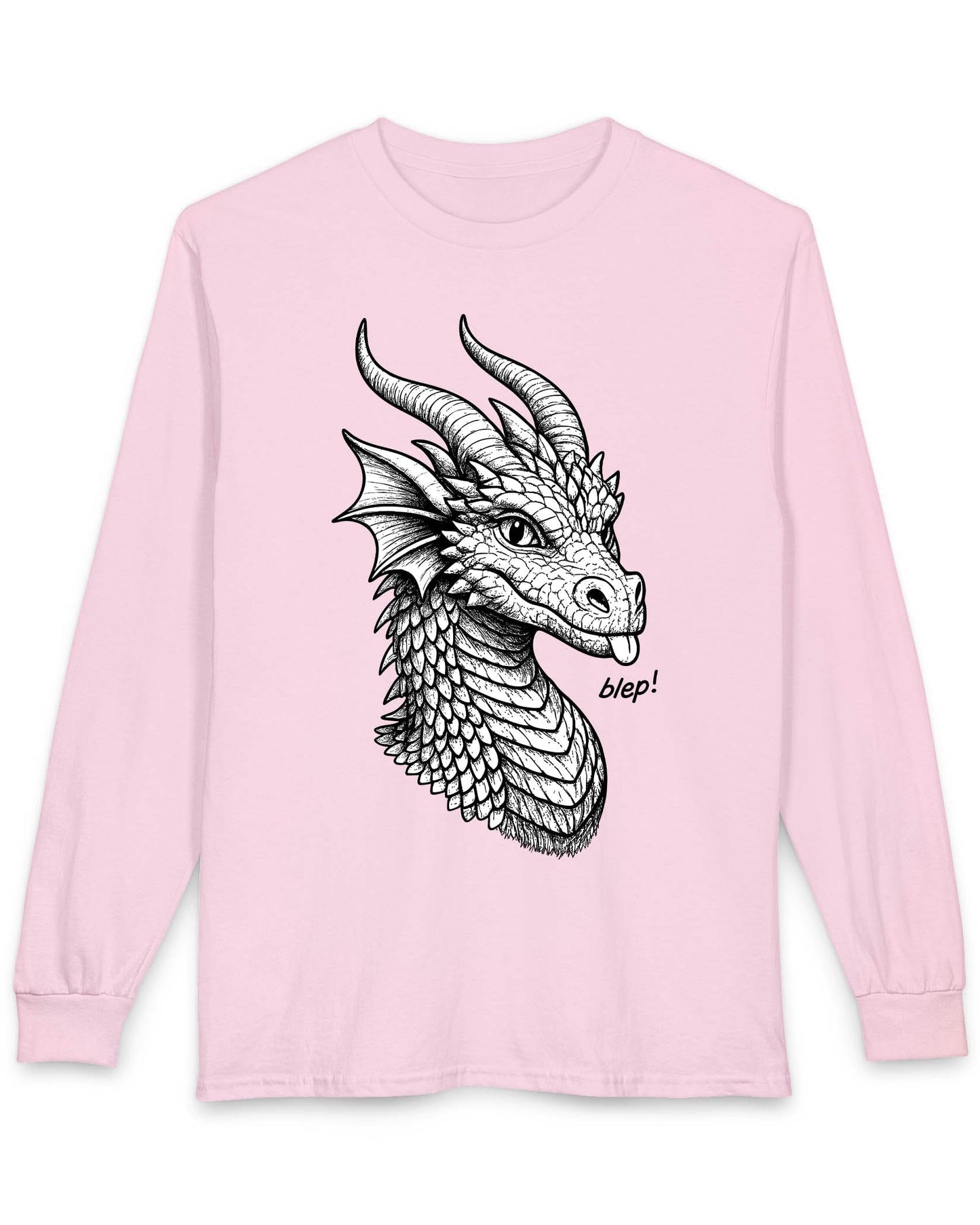 Blep! shirt in light pink featuring a detailed dragon sketch playfully sticking out its tongue.