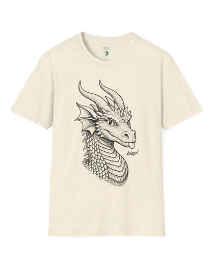 Blep! shirt in natural featuring a detailed dragon sketch playfully sticking out its tongue.