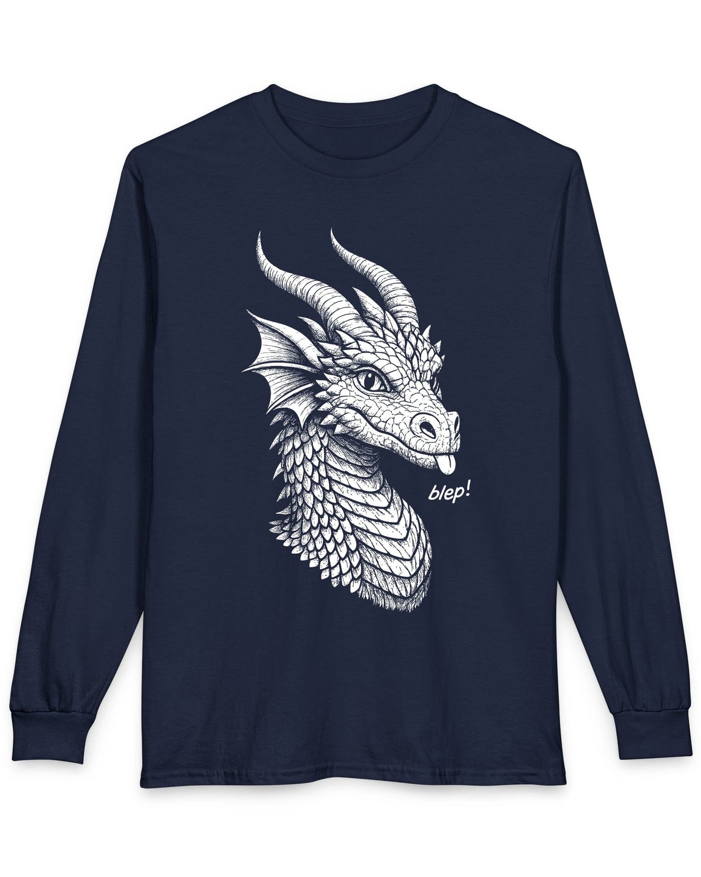 Blep! shirt in navy featuring a detailed dragon sketch playfully sticking out its tongue.