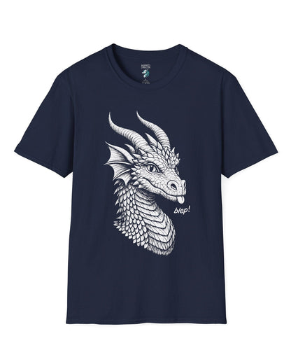 Blep! shirt in navy featuring a detailed dragon sketch playfully sticking out its tongue.