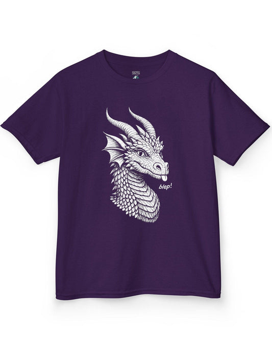 Blep! shirt in purple featuring a detailed dragon sketch playfully sticking out its tongue.