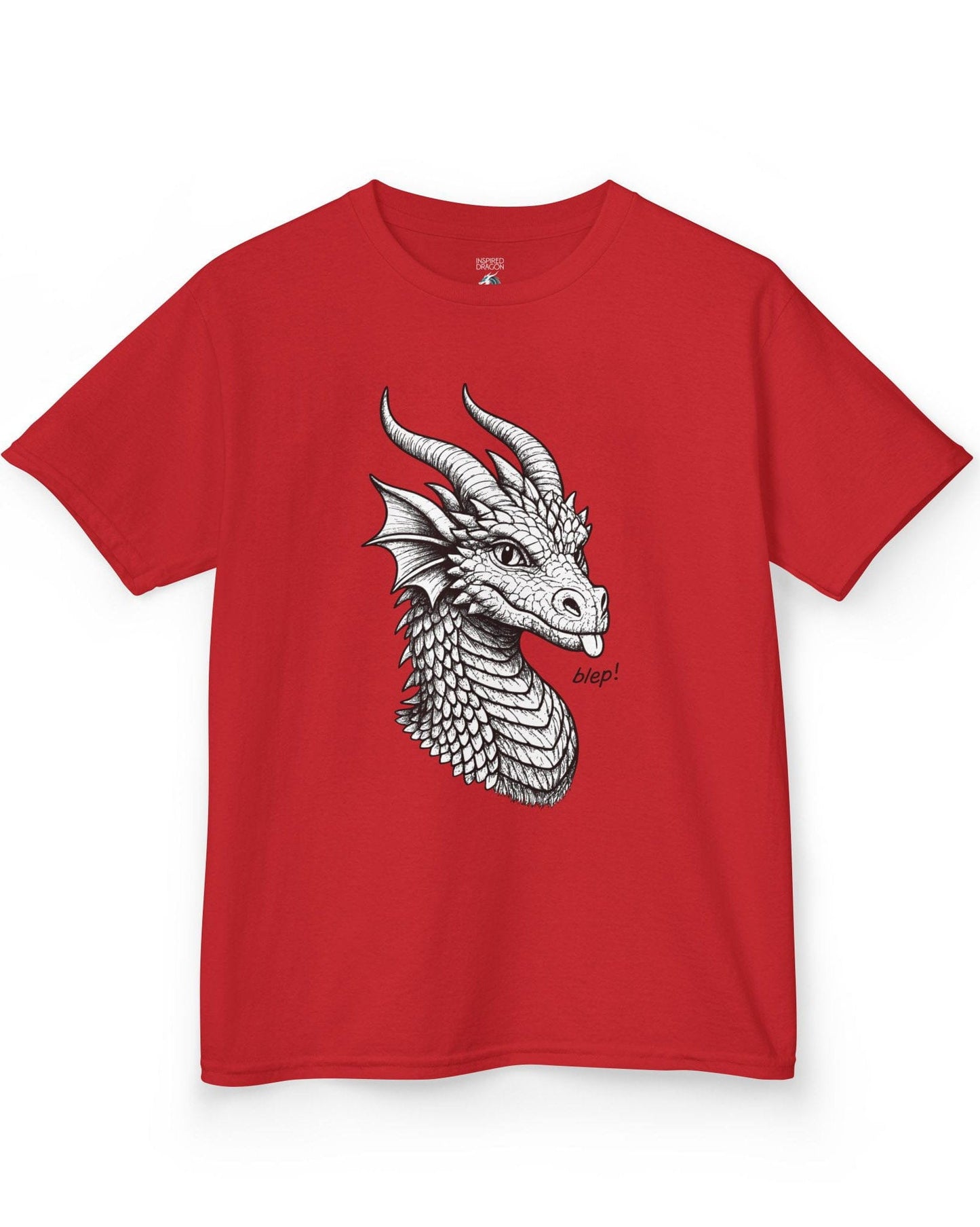 Blep! shirt in red featuring a detailed dragon sketch playfully sticking out its tongue.