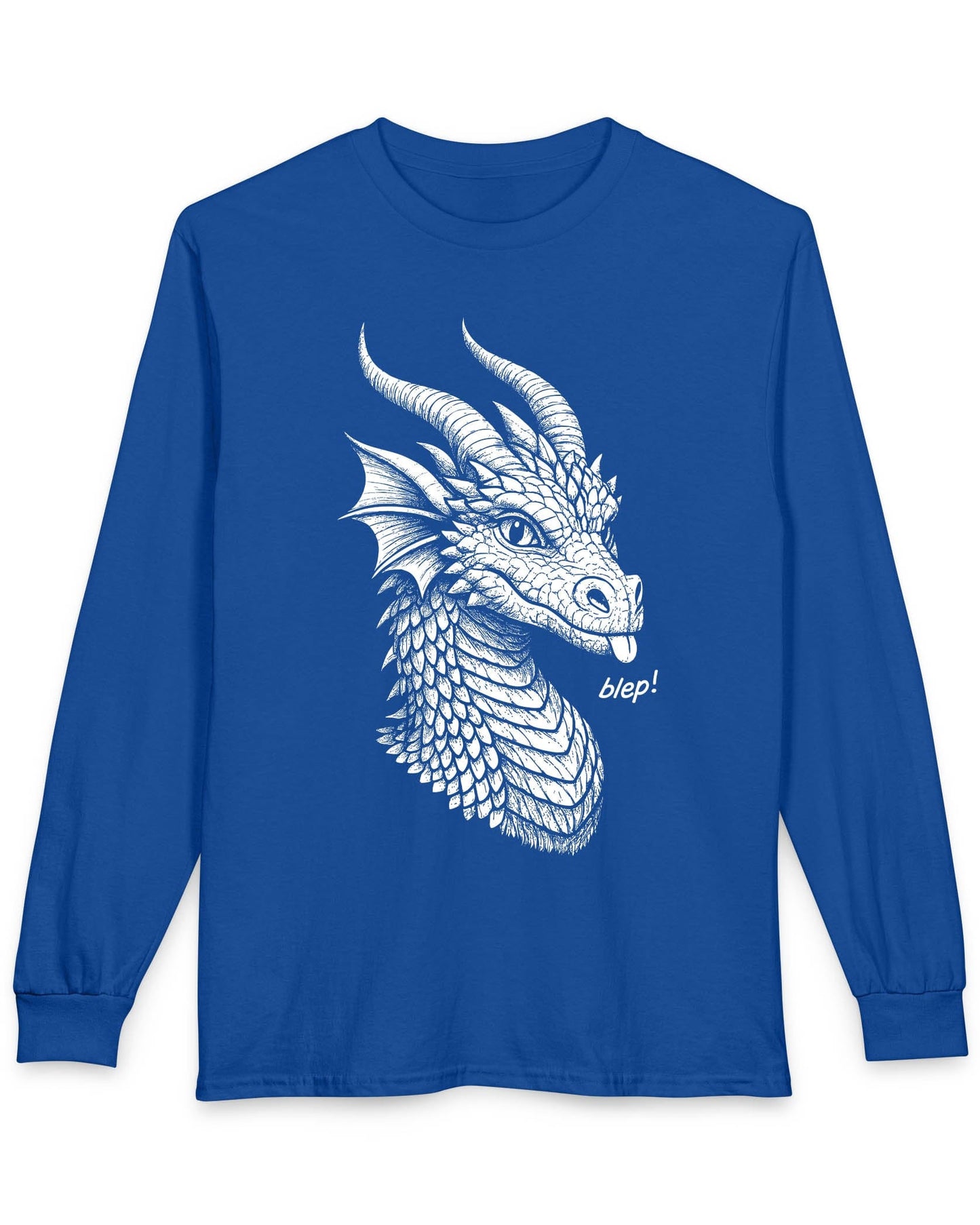 Blep! shirt in royal blue featuring a detailed dragon sketch playfully sticking out its tongue.