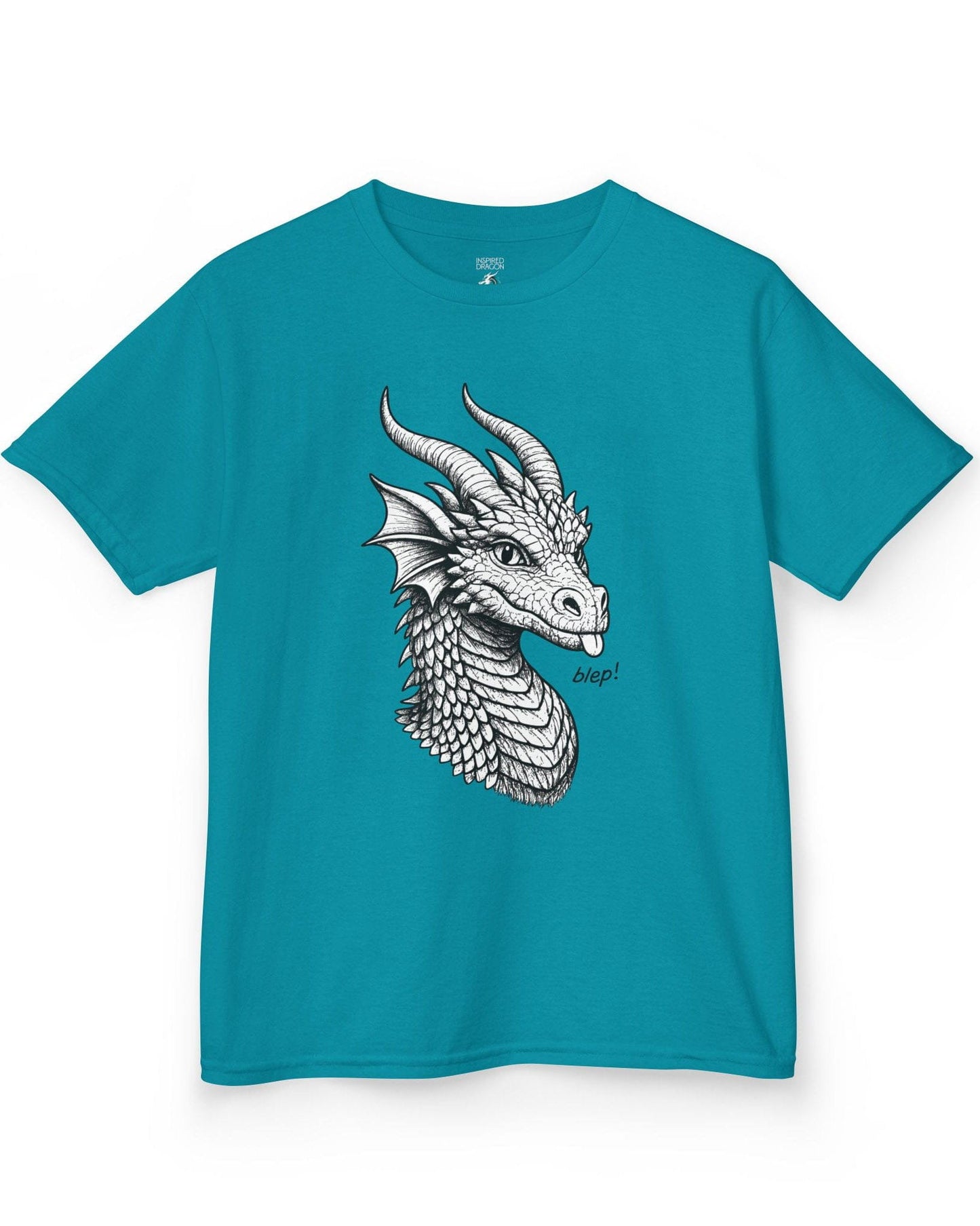 Blep! shirt in tropical blue featuring a detailed dragon sketch playfully sticking out its tongue.