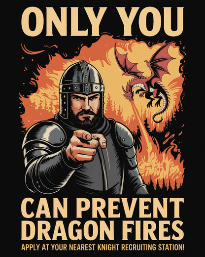 Only You Can Prevent Dragon Fires shirt in black featuring a knight recruitment poster parody with a fiery dragon.