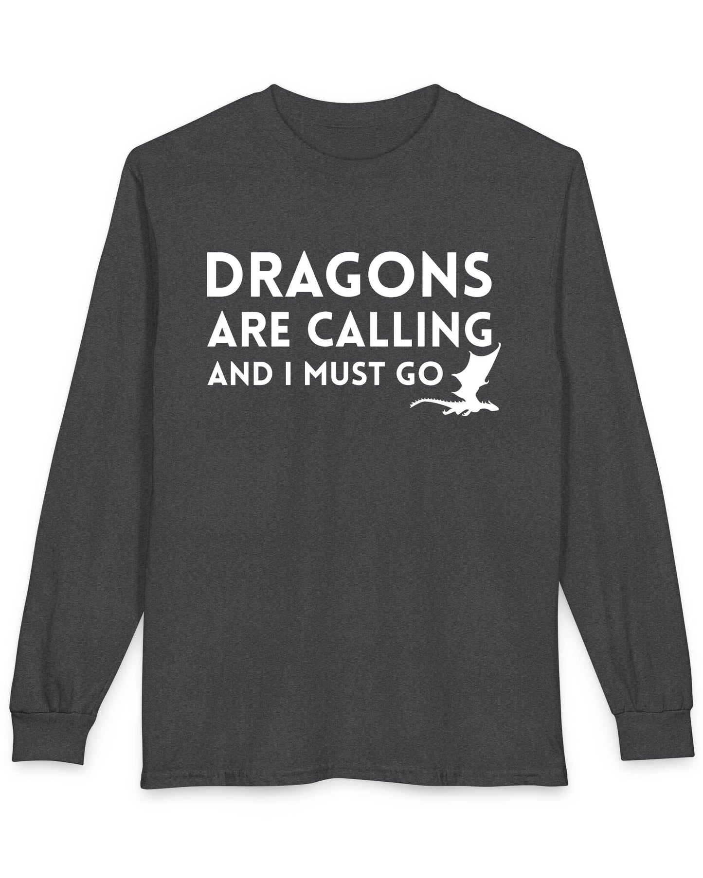 Dragons Are Calling shirt in dark heather grey featuring bold text with a small flying dragon silhouette.