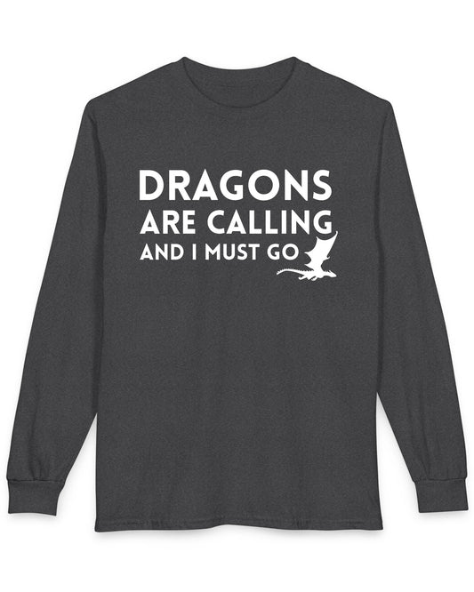 Dragons Are Calling shirt in dark heather grey featuring bold text with a small flying dragon silhouette.