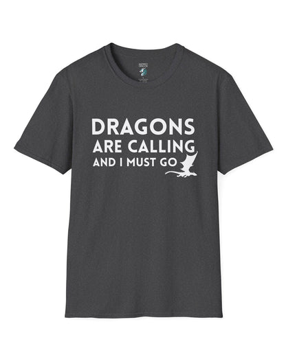 Dragons Are Calling shirt in dark heather grey featuring bold text with a small flying dragon silhouette.