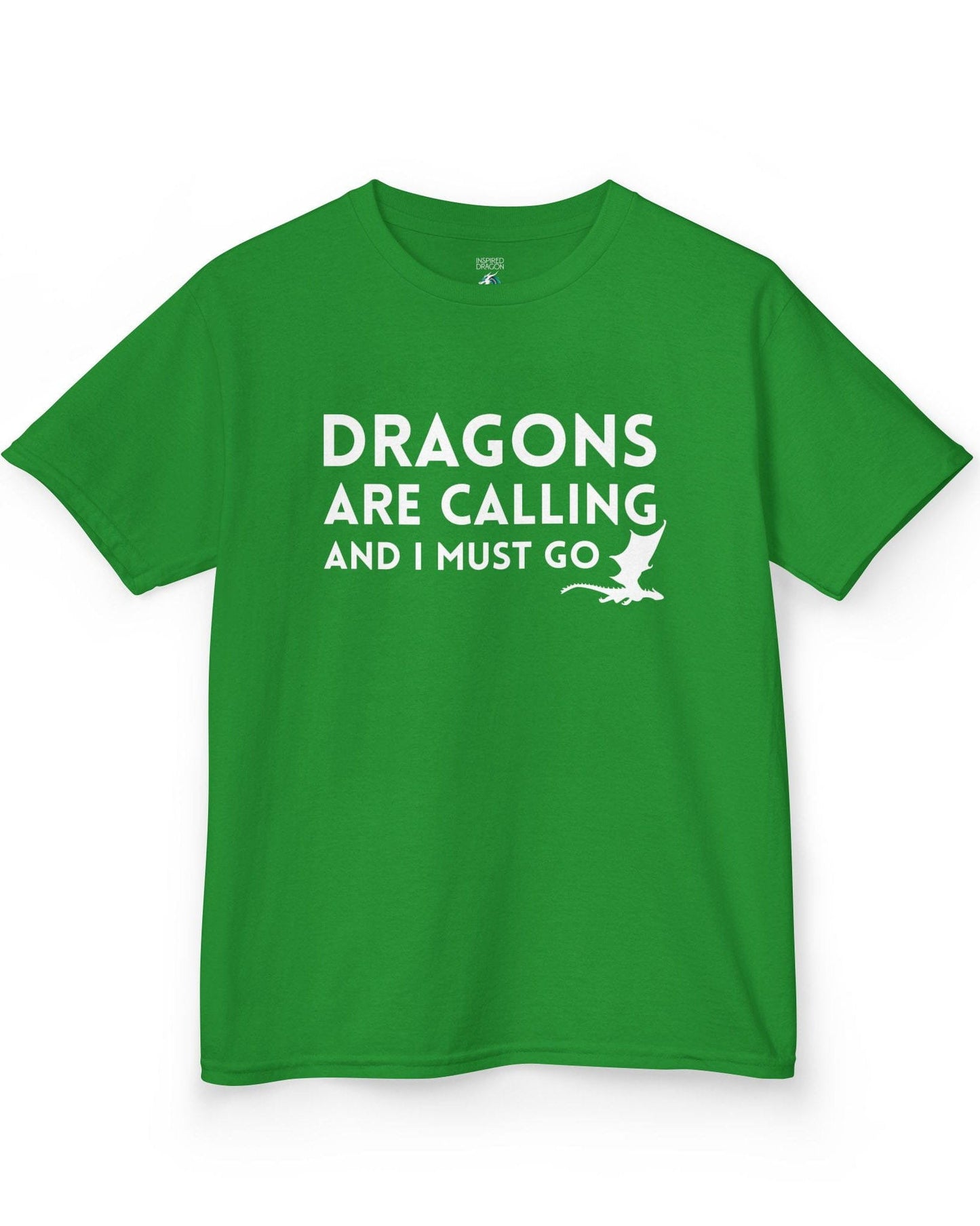 Dragons Are Calling shirt in Irish green featuring bold text with a small flying dragon silhouette.