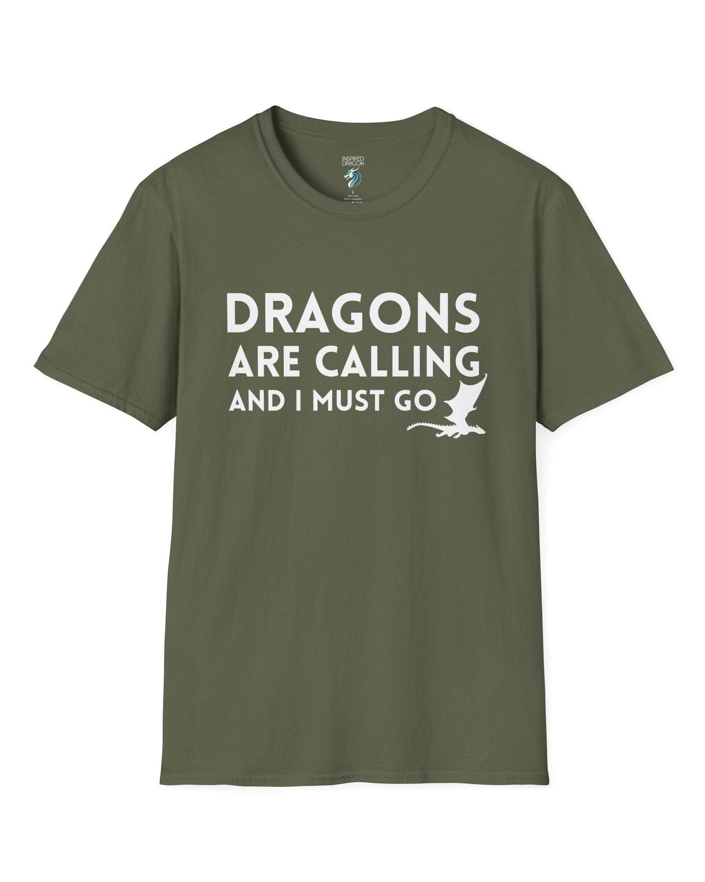 Dragons Are Calling shirt in military green featuring bold text with a small flying dragon silhouette.