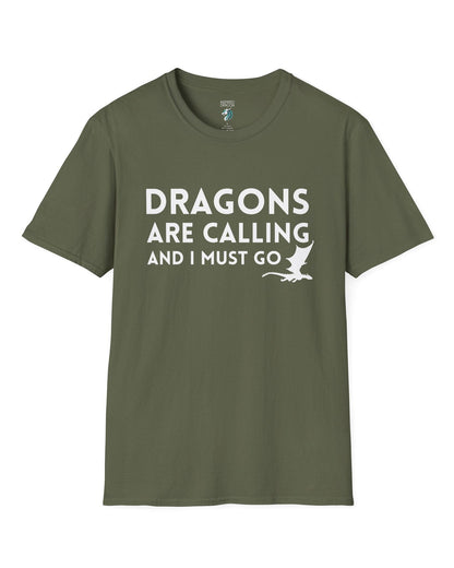 Dragons Are Calling shirt in military green featuring bold text with a small flying dragon silhouette.