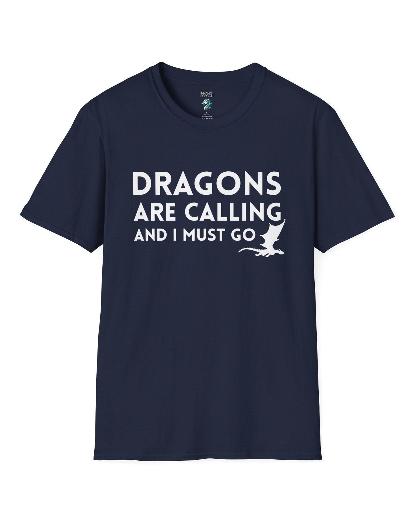 Dragons Are Calling shirt in navy featuring bold text with a small flying dragon silhouette.