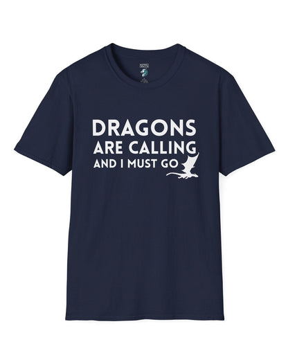 Dragons Are Calling shirt in navy featuring bold text with a small flying dragon silhouette.