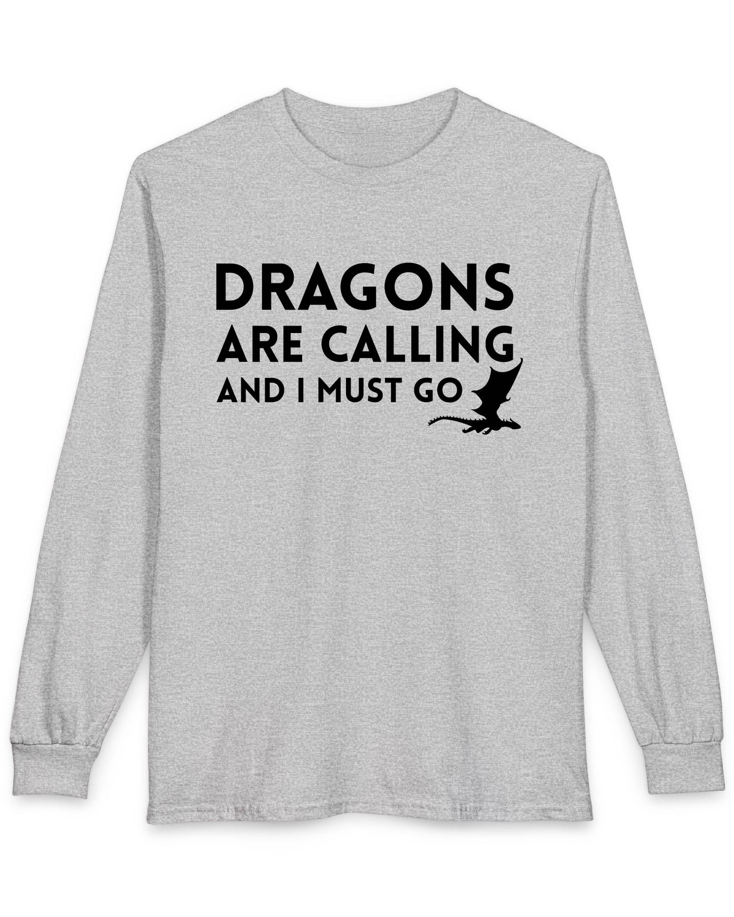 Dragons Are Calling shirt in sport grey featuring bold text with a small flying dragon silhouette.