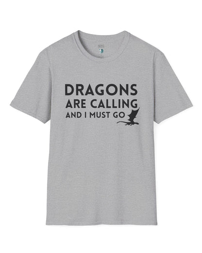 Dragons Are Calling shirt in sport grey featuring bold text with a small flying dragon silhouette.