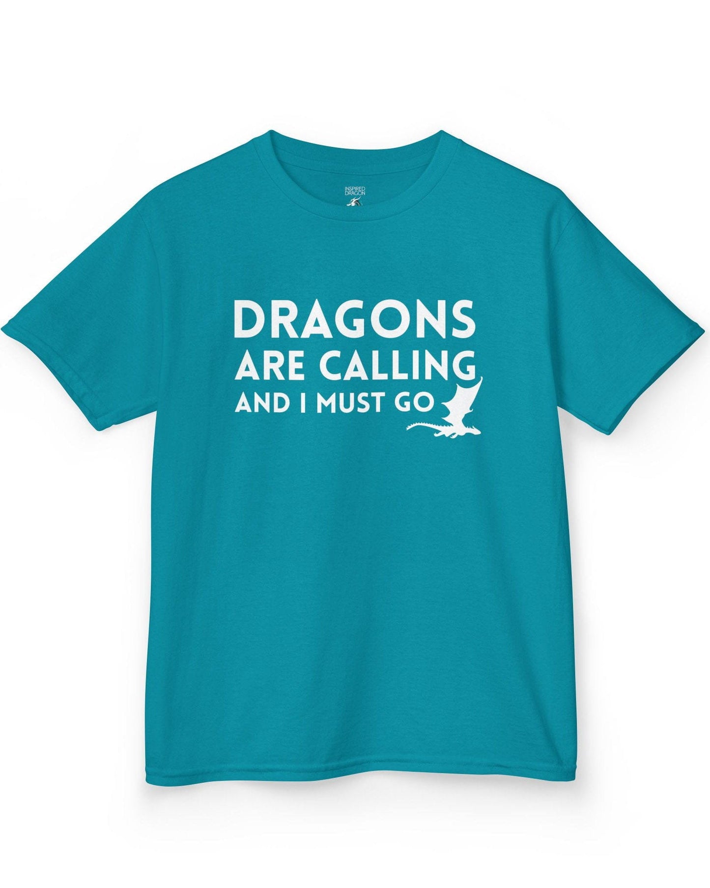 Dragons Are Calling shirt in tropical blue featuring bold text with a small flying dragon silhouette.