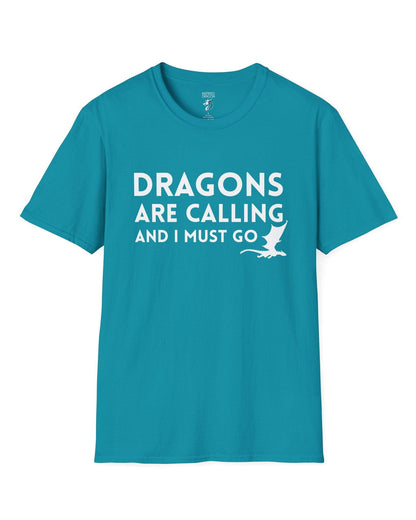 Dragons Are Calling shirt in tropical blue featuring bold text with a small flying dragon silhouette.